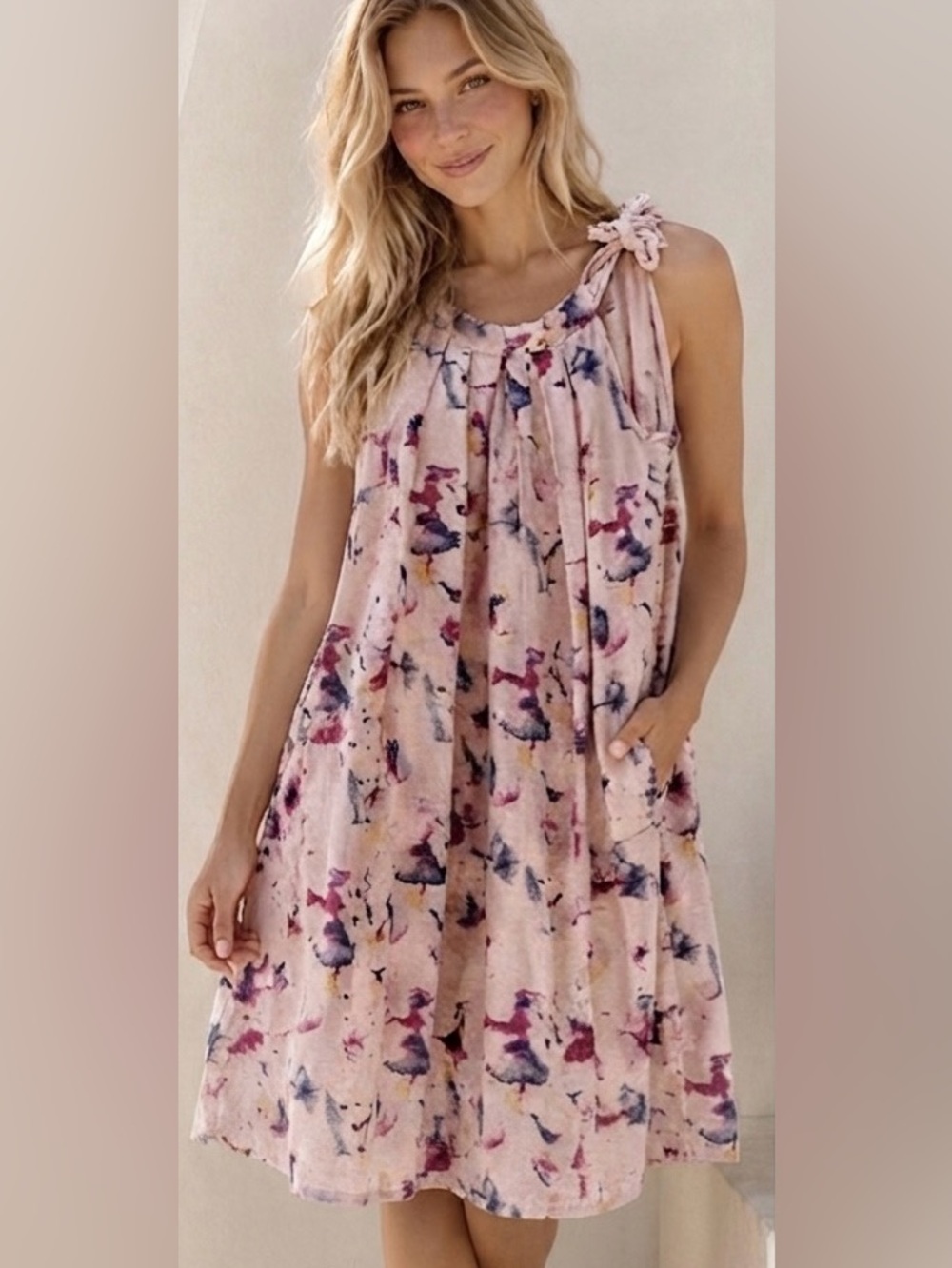 Sleeveless Tie-Shoulder Watercolor Print Dress - Blush Base
